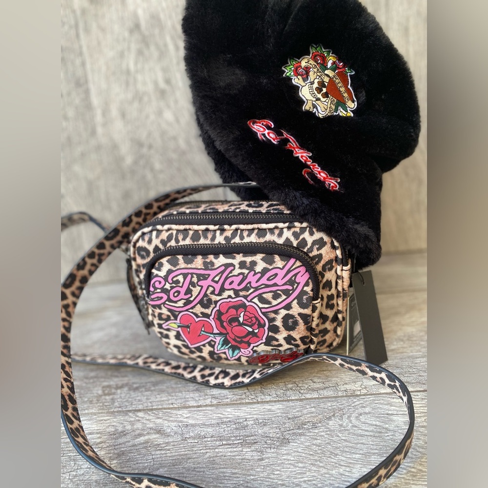 Ed Hardy Cheetah Print Crossbody Bag + Faux Fur Hat Set Y2K Tattoo Rose Skull
